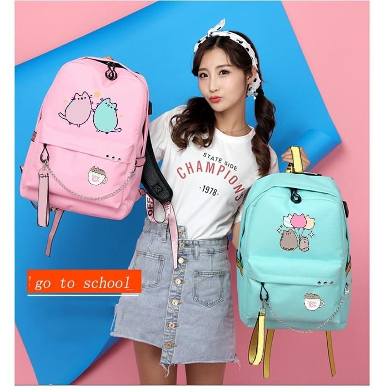 Cute Cartoon Cat Plushie Large Capacity Backpacks School Bag With USB Charging Chain Bundle