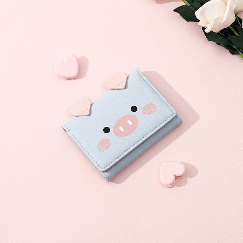 Cartoon Piglet Face Trifold Leather Purse Short Wallet for Girls