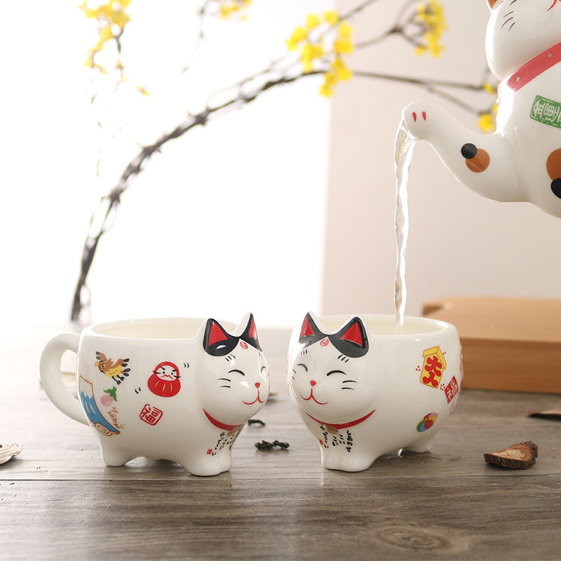 Cute Lucky Cat Ceramic Coffee Mug Cup Teapot Set