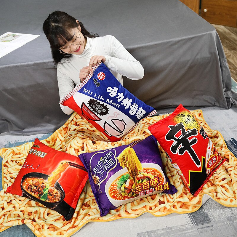 Instant Beef Fried Noodles Stuffed Plush Pillow with Blanket