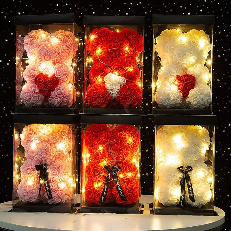 Romantic Crown Rose Teddy Bear with LED Light String Anniversary Valentine's Day Wedding Party Gift