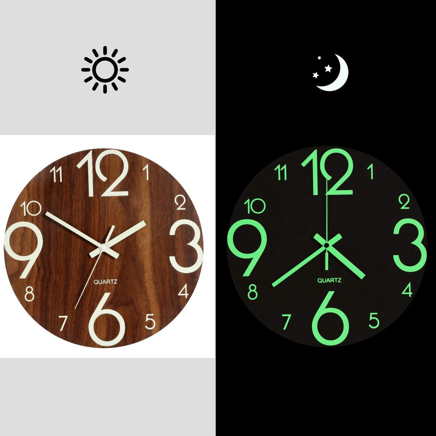 Minimal Luminous Glow in the Dark Wooden Large Number Wall Clock
