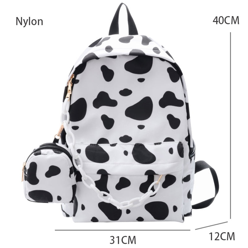 Minimal Cow Pattern Print School Book Bag Backpack for Teenagers