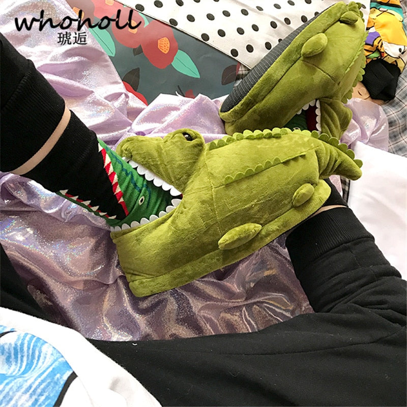 Funny Green Crocodile Warm Soft Indoor Slipper Shoes