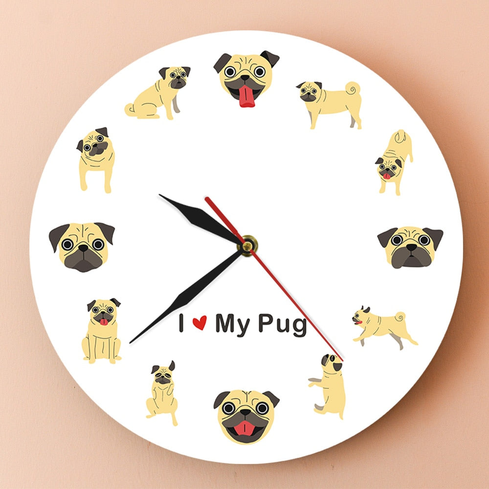 Cartoon I Love My Pug Modern Wall Clock Pug Lover Gift