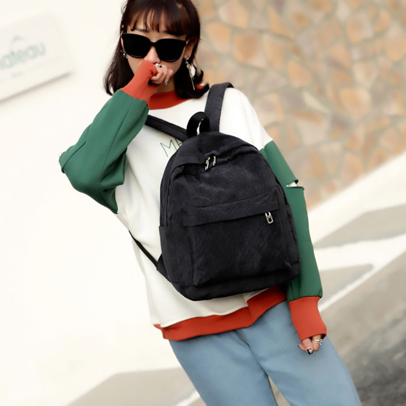 Base Color Corduroy Mini Women Teenger Girl School Bag Backpack