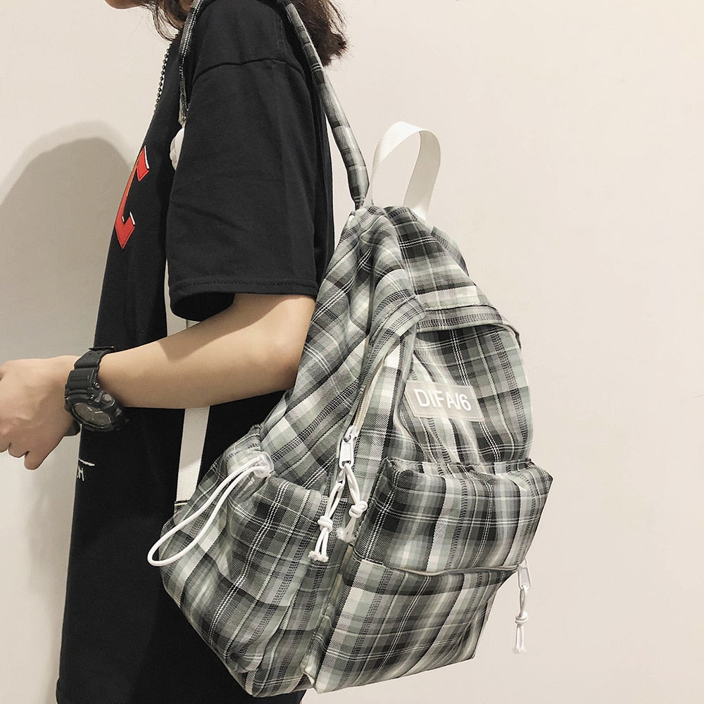 Plaid Lattice Cotton Fabric College School Backpack