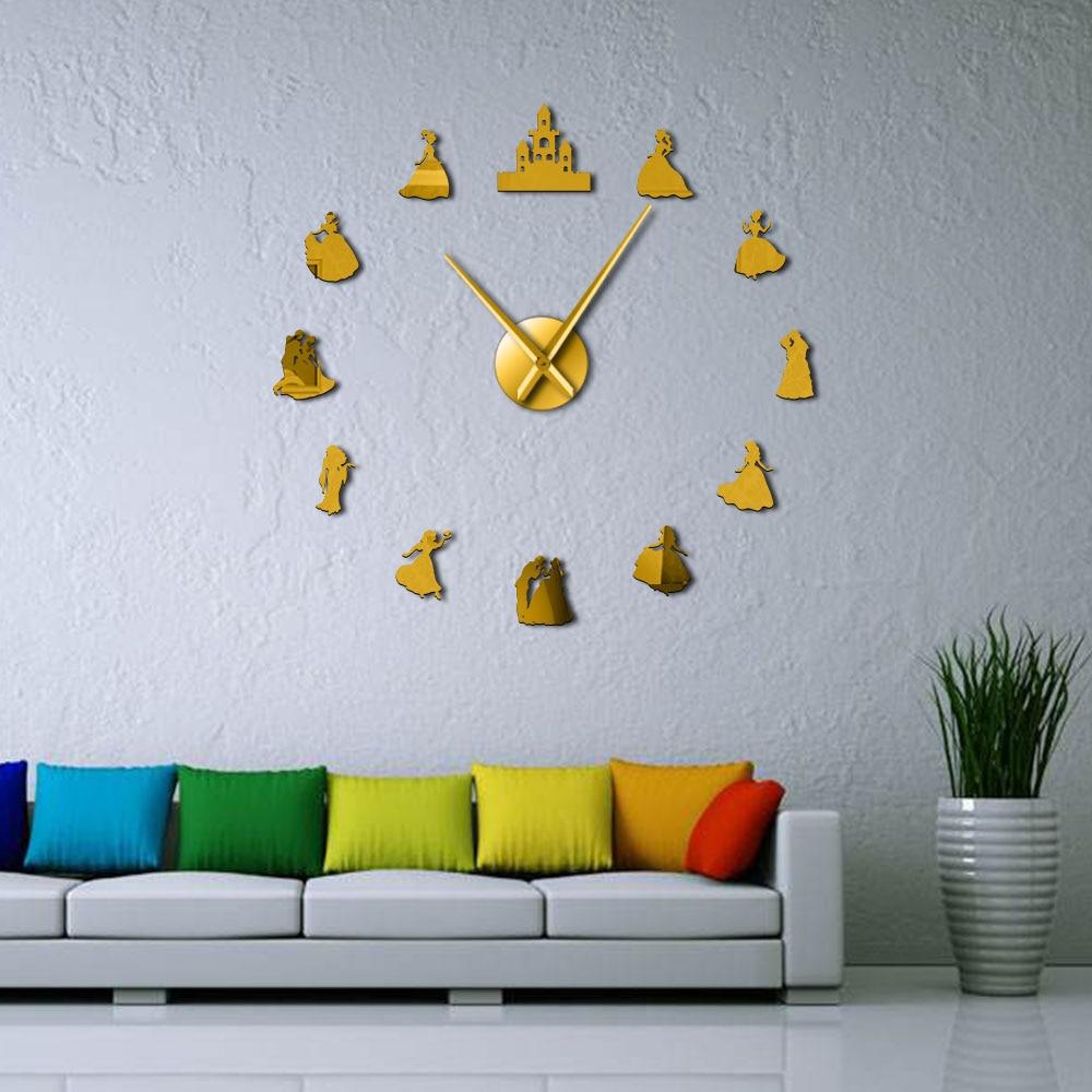 Wall Clocks - Beauty Prince & Princess Large Frameless DIY Wall Clock Girls Bedroom Wall Art