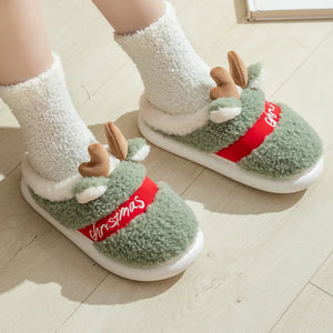 Christmas Reindeer Horn Fuzzy Fur Indoor Home Slipper Shoes