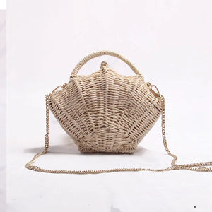 Cute Rattan Clam Shell Woven Straw Purse Shoulder Bag