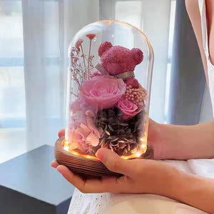 Teddy Bear Rose in Glass Dome with LED Light Valentine Gft for Her