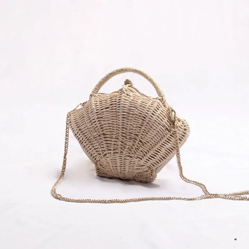 Cute Rattan Clam Shell Woven Straw Purse Shoulder Bag