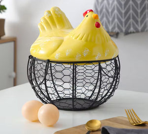 Ceramic Chicken Hen Iron Egg Snack Fruit Storage Basket Kitchen Decoration