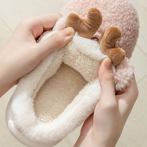 Christmas Reindeer Horn Fuzzy Fur Indoor Home Slipper Shoes