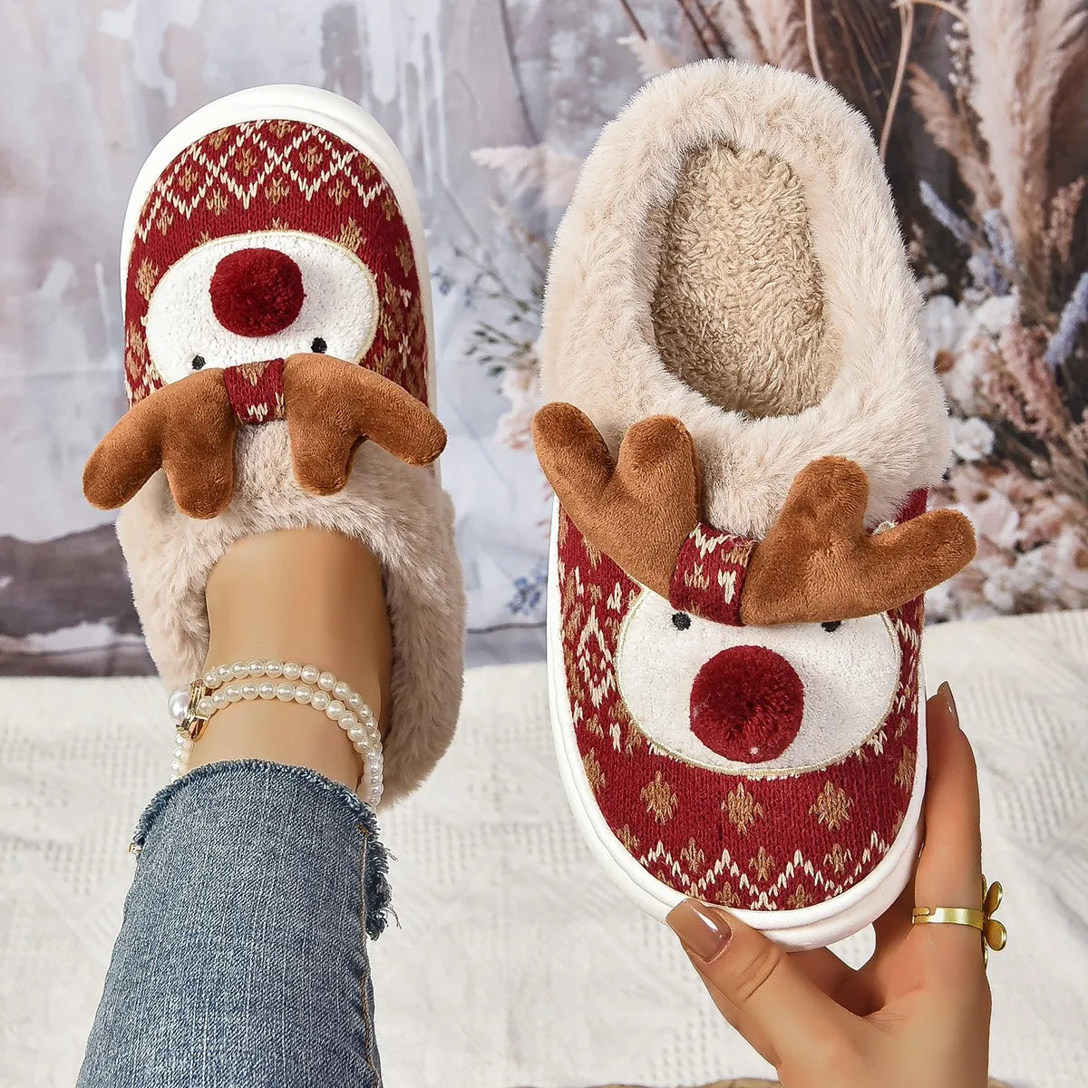 Christmas Red Nose Reindeer Fluffy Soft Home Slipper Shoes