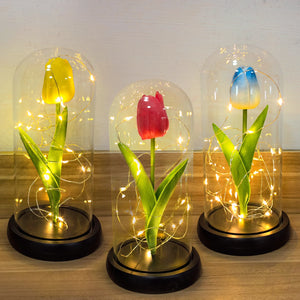 Eternal Tulip Artificial Flower Fairy String LED Lights in Glass Dome Gft for Her