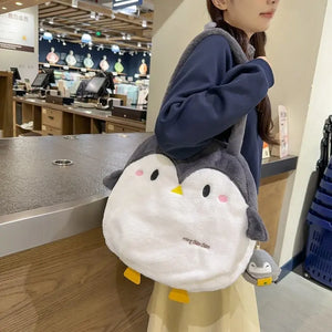 Cute Soft Plush Penguin Shape Faux Fur Large-capacity Handbag Shoulder Bag