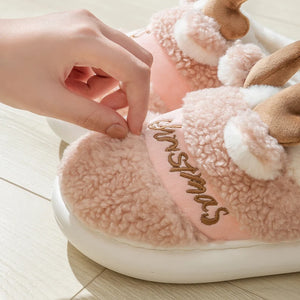 Christmas Reindeer Horn Fuzzy Fur Indoor Home Slipper Shoes