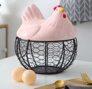 Ceramic Chicken Hen Iron Egg Snack Fruit Storage Basket Kitchen Decoration