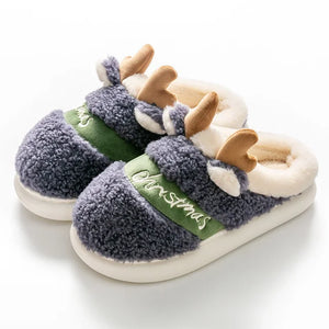 Christmas Reindeer Horn Fuzzy Fur Indoor Home Slipper Shoes