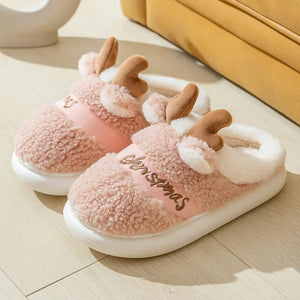 Christmas Reindeer Horn Fuzzy Fur Indoor Home Slipper Shoes