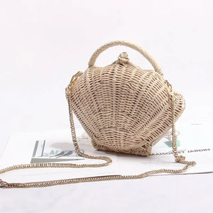 Cute Rattan Clam Shell Woven Straw Purse Shoulder Bag