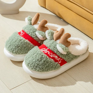 Christmas Reindeer Horn Fuzzy Fur Indoor Home Slipper Shoes