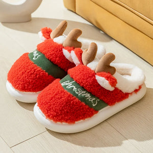 Christmas Reindeer Horn Fuzzy Fur Indoor Home Slipper Shoes