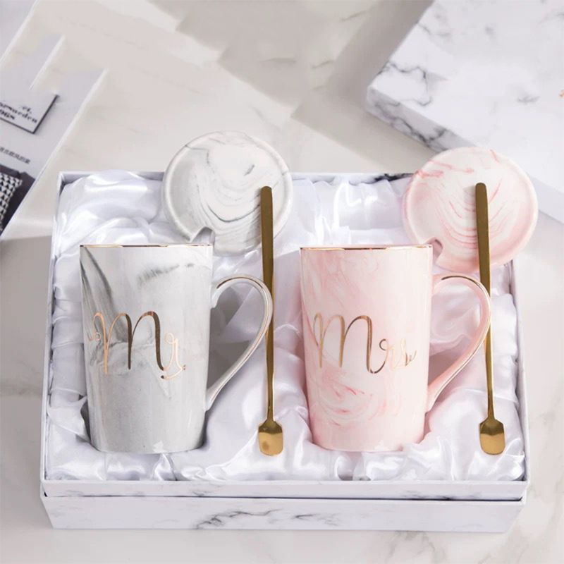 Mr and Mrs Marble Style Ceramic Mug Set Anniversary Wedding Gift