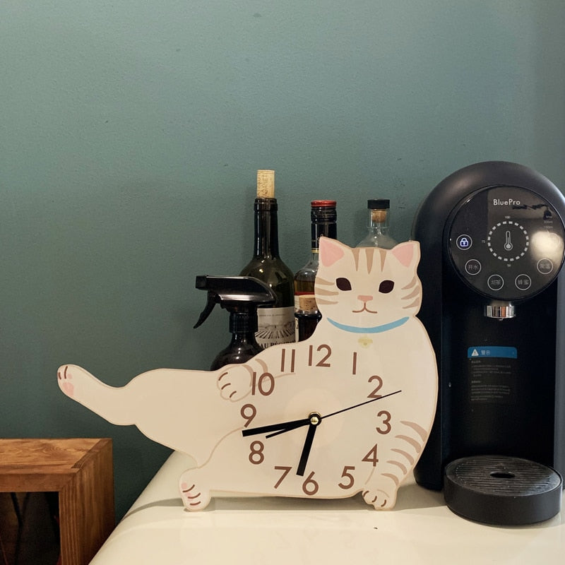 Cartoon White Calico Cat Children's Room Wall Clock