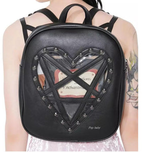 Gothic Heart Shaped Rivet Pentagram Black Leather Backpack