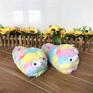 Cute Colorful Alpaca Cotton Fur Home Non Slip Slippers