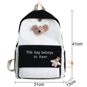 Cute Mouse Plush Embroidery Stripe Corduroy Backpack School Bag