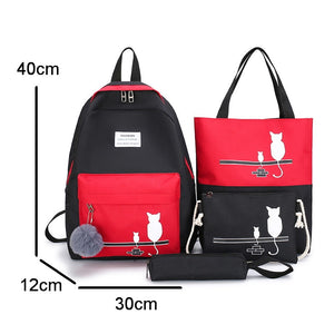 4Pcs/Set Cat Lady Girl Two Tone Backpack School Tote Bags