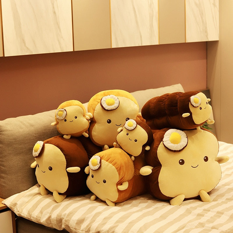 Cute Toast Sliced Bread and Long Bread with Poached egg Plush Stuffed Cushion Pillow Doll