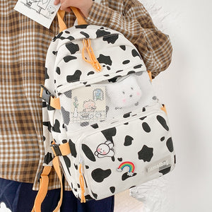 Cute Cow Printing Rucksack School Bag Canvas Backpack for College Girl
