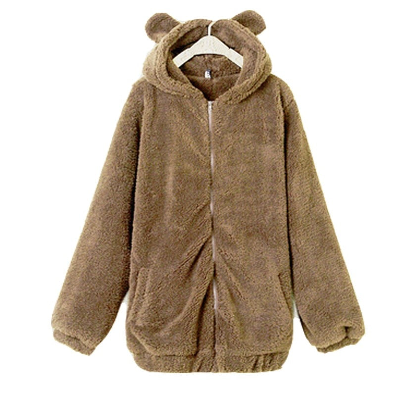 Cute Little Bear Bunny Mini Ears Plush Mid Length Long Zipper Hoodie Coat