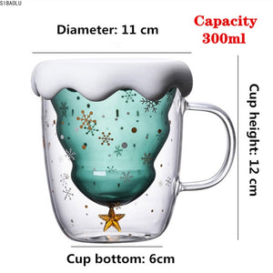 Cute Christmas Tree Snowflake Stars Double Wall Glass Coffee Cup with Silocone Lid Xmas Gift