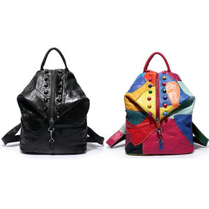 Colorful Patchwork Rivet Women Leather Backpack School Bag