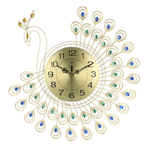 Large 3D Gold Diamond Peacock Metal Wall Clock