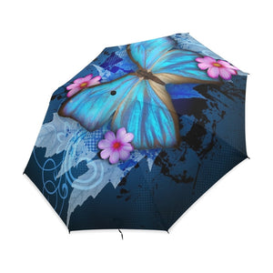 Blue Butterfly Over Flowers Print Folding Automatic Umbrella