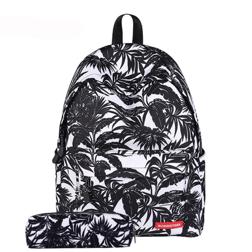 Tree Leaf Flowers Canvas School Bag Backpack With Case