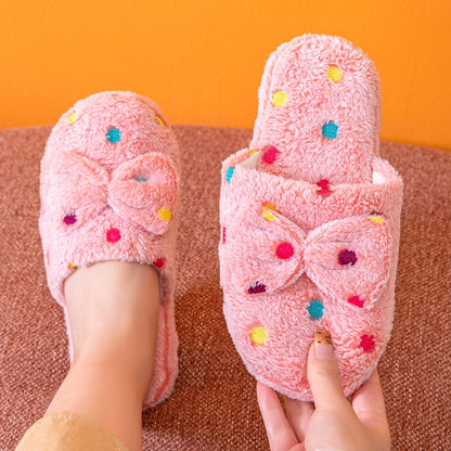 Cute Polka Dot Fur Cotton Plush Indoor Home Slippers Shoes