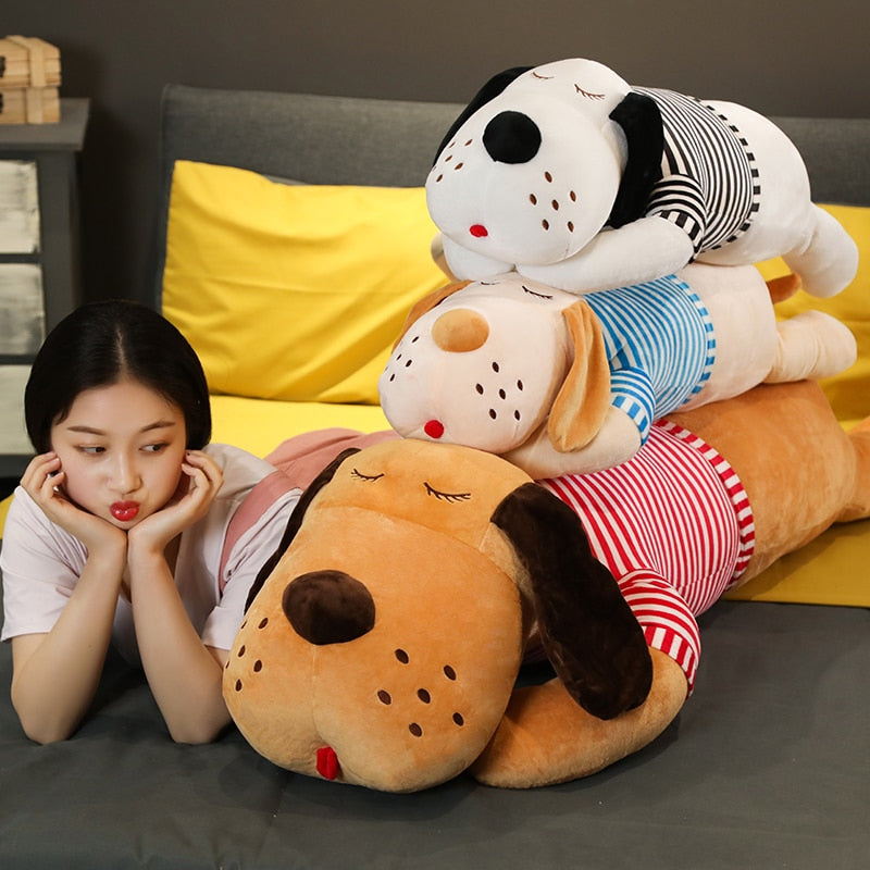 Cute Sleeping Puppy Dog Striped Shirt Giant Plush Stuffed Pillow Doll Gift