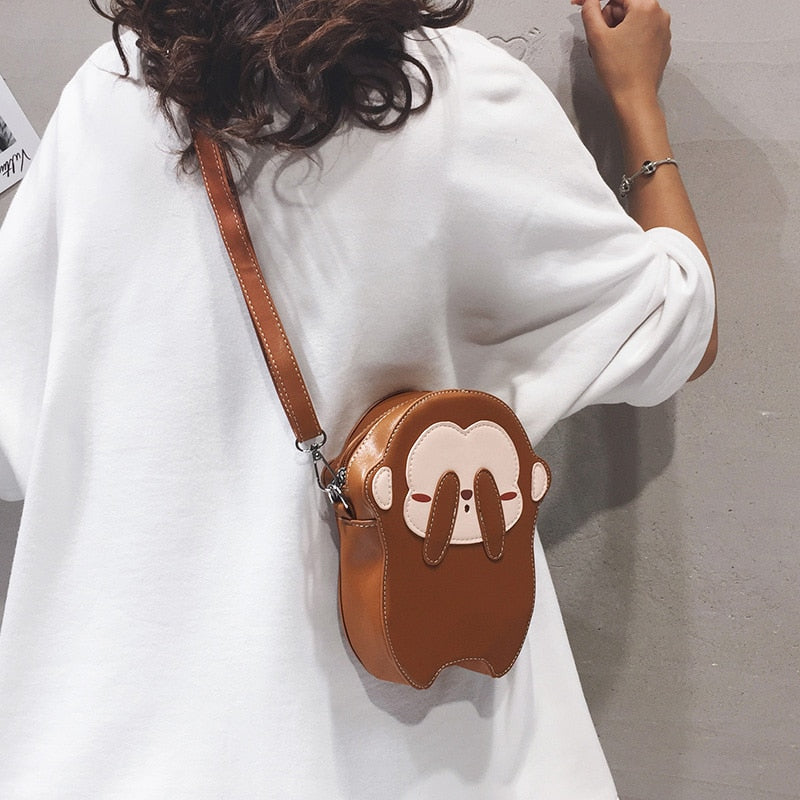 Cute See No Evil Brown Monkey Design Mini Leather Purse Shoulder Bags