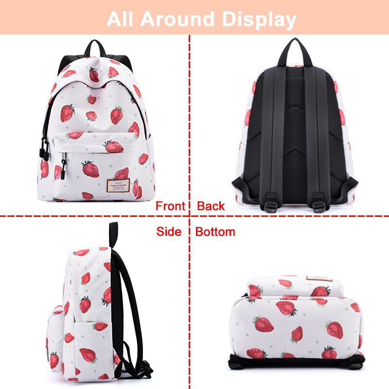 Simple Cute Style Canvas Backpack Women Strawberry Printing Nylon Bag  Laptop School Bag For Girls