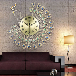 Large 3D Gold Diamond Peacock Metal Wall Clock