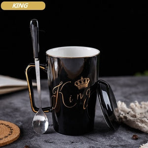 2 Pcs/Set King & Queen Couple Cup Ceramic Mug With lid an Spoon Valentine's Day Wedding Birthday Gift