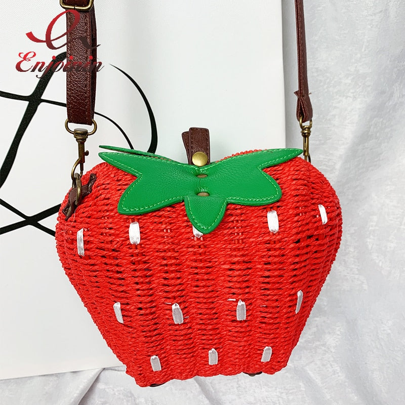 Red Strawberry Rattan Straw Weave Purse Shoulder Bag