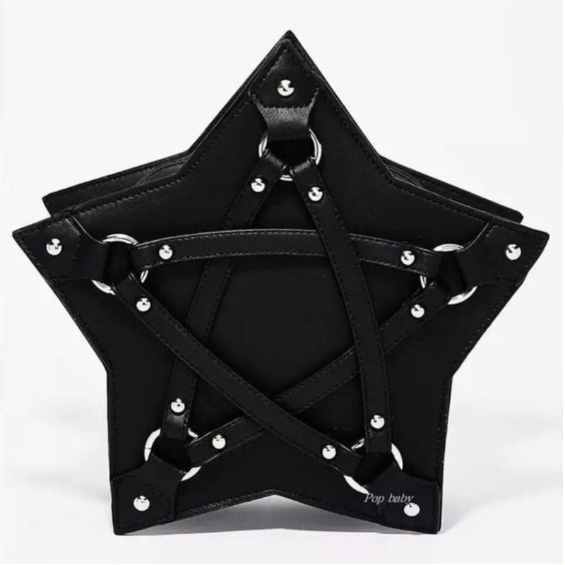 Gothic Pentagram Star Shape Bag Black Leather Handbag